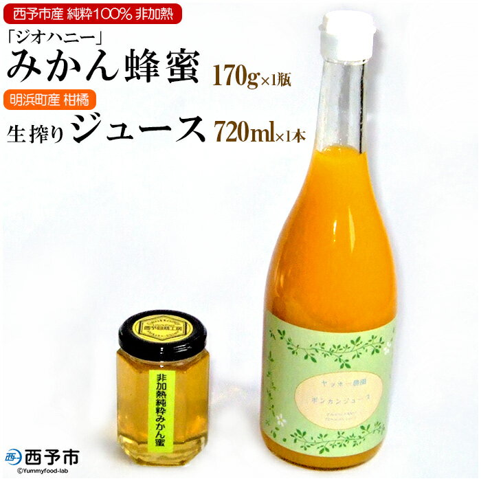 【ふるさと納税】＜みかん蜂蜜「ジオハニー」170g1瓶+柑橘生搾りジュース720ml1本＞※1か月以内に順次出荷 はちみつ みかん 柑橘 ジュース 非加熱 純粋100％ 愛媛県 西予市 【常温】