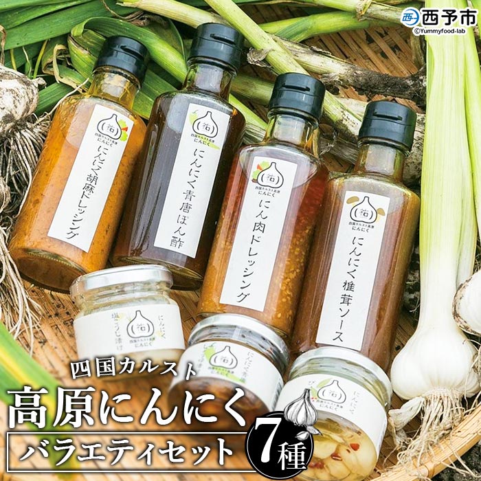 ＜四国カルスト 高原にんにく バラエティセット 7種＞ ニンニク 国産 野菜 醤油 福地ホワイト六片種 青唐辛子 ぽん酢 塩麹 ピクルス チョレギ 胡麻 椎茸 ドレッシング つまみ 漬け タレ 調味料 (株)祐 愛媛県 西予市【常温】『1か月以内に順次出荷予定』