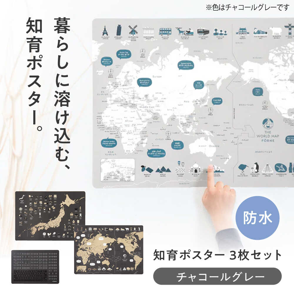 知育 知育ポスターチャコールグレー 3枚セット / 日本地図 世界地図 ローマ字 幼稚園 小学生 オシャレ 学習用 防水加工 知育 情操教育 おしゃれ 子供 シンプル ギフト お祝い 入園 入学 / 愛媛県砥部町/株式会社明朗社[BJBA006]