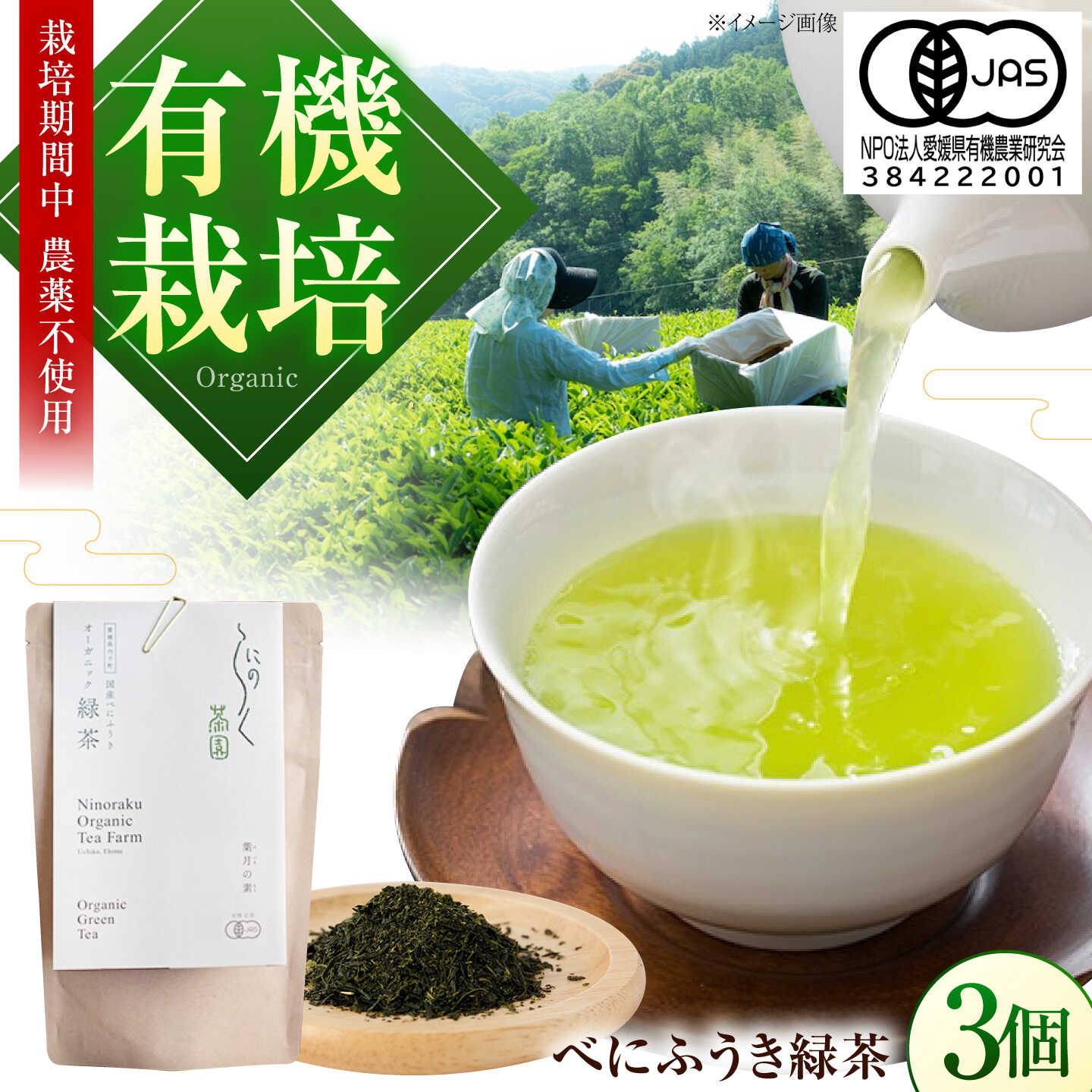 オーガニックのべにふうき緑茶 (85g×3個) 愛媛県内子町/にのらく茶園[BKBR017]