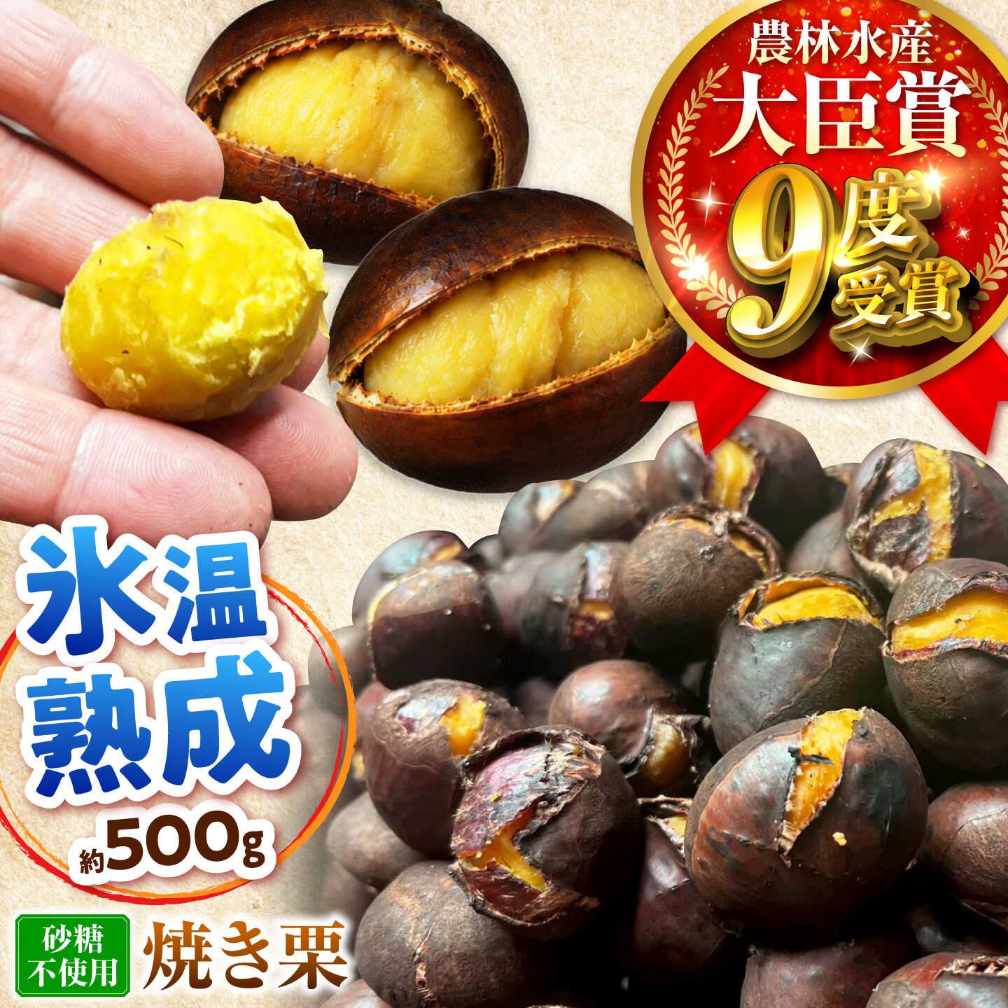 【先行予約】氷温熟成の焼き栗 500g 砂糖不使用 農林水産大臣賞9度受賞 / 栗 くり 和栗 焼き栗 熟成栗 氷温熟成 銀寄 銀寄栗 皮付き 内子町 / 萬奥農園[BKCC006]