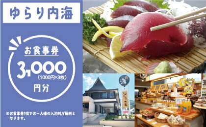 ゆらり内海 お食事券 3000円 分 （ 入浴料 込み）10000円 商品券 道の駅 買い物券 お食事券 宇和海 愛媛県 愛南町 ブランド スマ 牡蠣 甘とろ豚 びやびや かつお うに 鰹 地鶏 鯛めし ヒオウギ貝 アイス 忘年会 新年会 みかん 魚貝類 蜂蜜 スイーツ