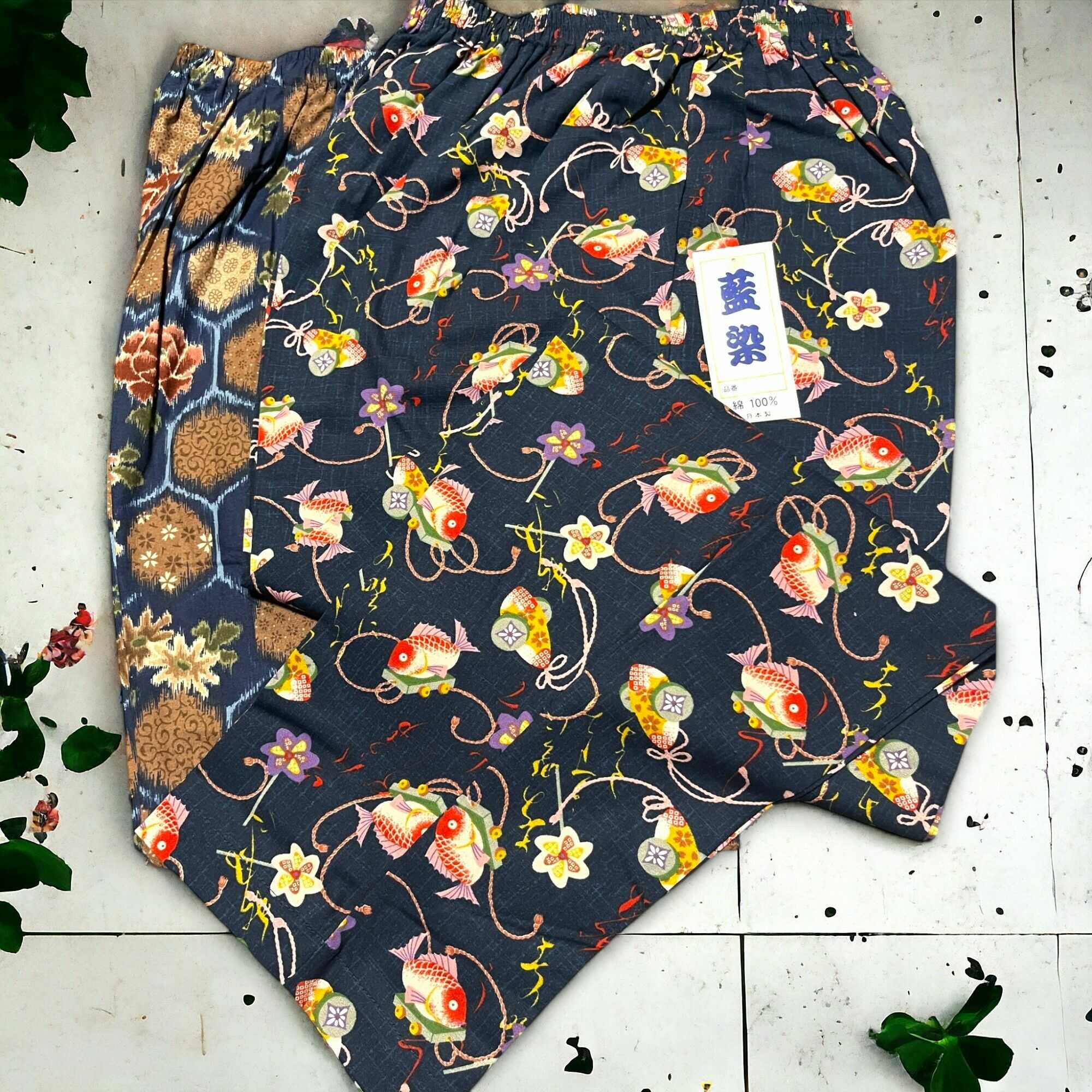 【ふるさと納税】日本製　綿100%　藍染調プリントパンツ・Bセット（Lサイズ2柄1組）【芸西織物株式会社..