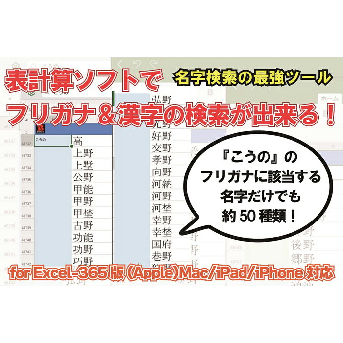 【ふるさと納税】【表計算ソフトでフリガナ・漢字から強力検索】名苗名：名字電子辞書 for Excel-365版(Apple)Mac/iPad/iPhone対応