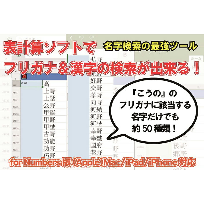 【ふるさと納税】【表計算ソフトでフリガナ・漢字から強力検索】名苗名：名字電子辞書 for Numbers版(Apple)Mac/iPad/iPhone対応