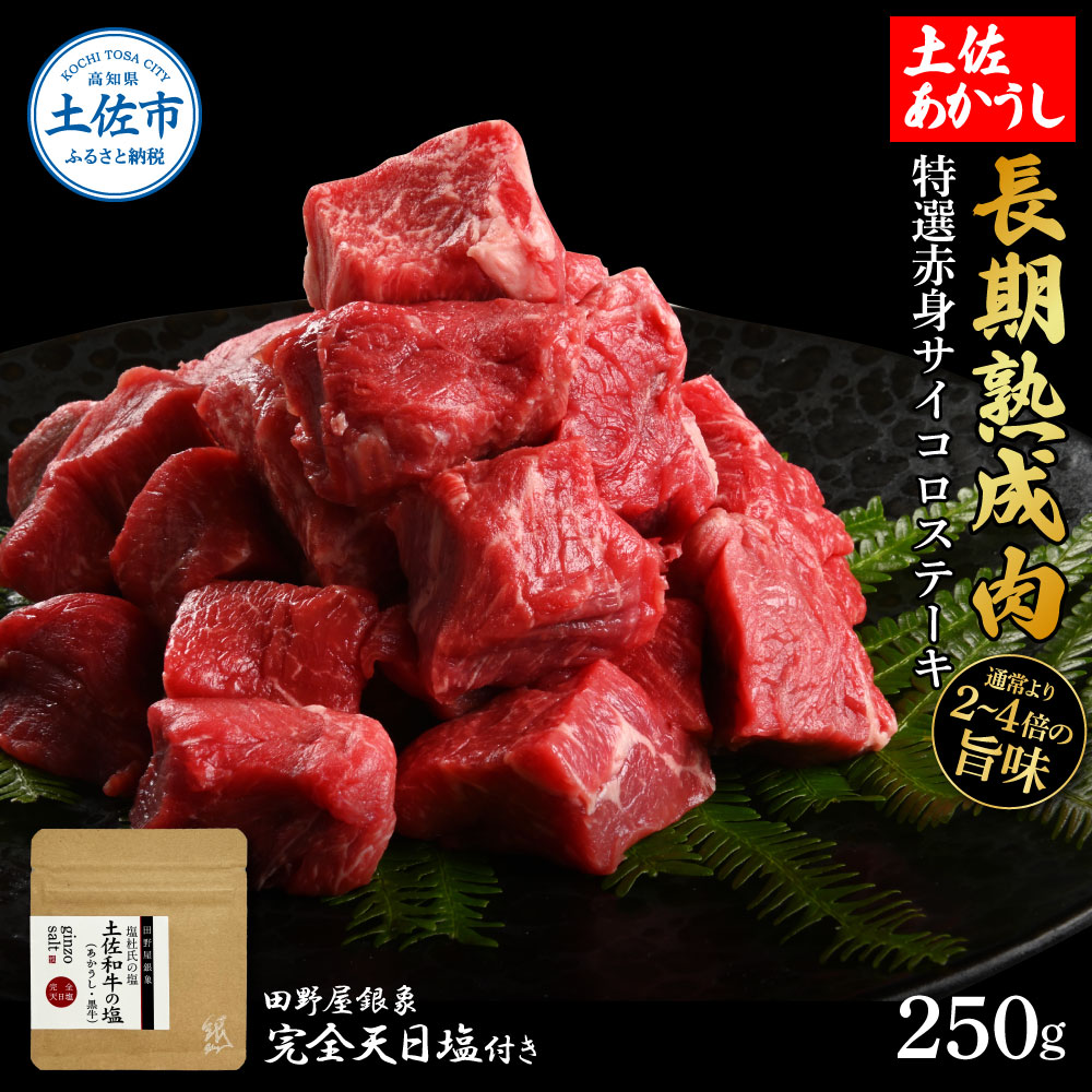 【ふるさと納税】特選 赤身サイコロステーキ 土佐あかうし 長期熟成肉 250g 田野屋銀象 完全天日塩付き 赤身 ステーキ 肉 お肉 和牛 牛..