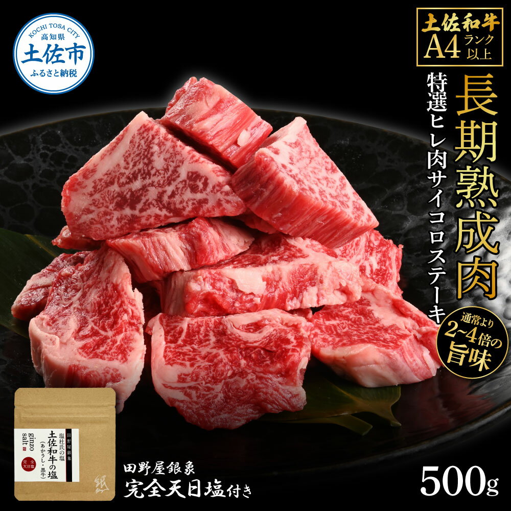 【ふるさと納税】土佐和牛 特選ヒレ肉サイコロステーキ500g 田野屋銀象完全天日塩1P付き 特選 長期熟成肉 田野屋銀象 完全天日塩付き ヒレ肉 ステーキ 肉 ...