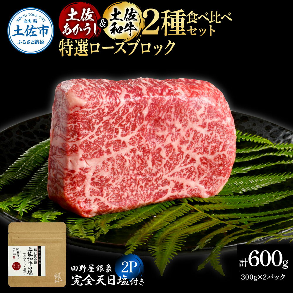 【ふるさと納税】土佐あかうし&土佐和牛2種食べ比べ 特選ロースブロック300g 計2P 田野屋銀象完全天日塩2P付 牛肉 肉 お肉 和牛 国産 牛 赤身 ヒレ カルビ ロース ブロック サーロイン スネ肉 熟成肉 豪華 贅沢 真空パック 冷凍配送 新鮮 故郷納税 高知県 土佐市