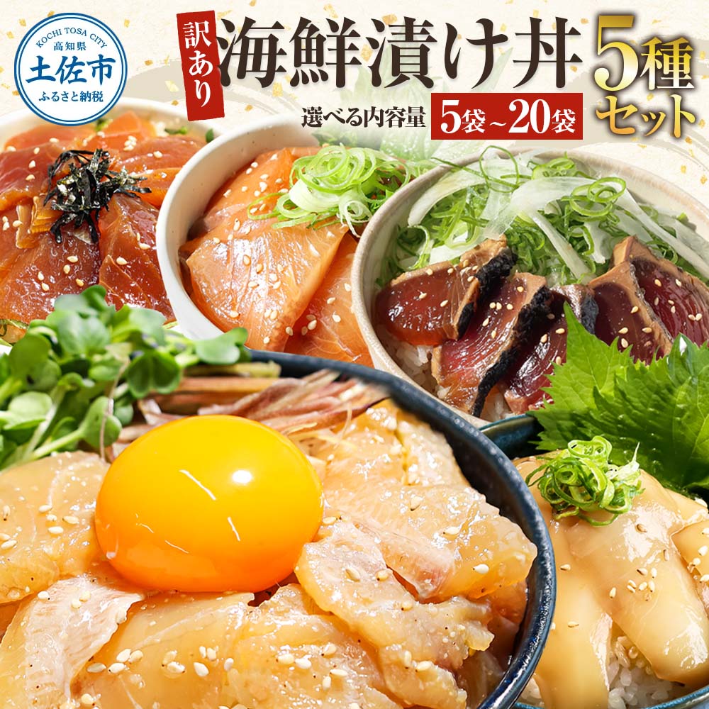 【ふるさと納税】訳あり 海鮮漬け丼 5パックセット（5種×各1P）漬け丼 まぐろ イカ ぶり 鯛 タイ カツオのタタキ 鰹タタキ 食べ比べ 海鮮 魚 冷凍 食品 保存食 小分け 高知 土佐 海鮮丼 鯛めし 漬け丼 惣菜 そうざい 訳アリ わけあり 不揃い 規格外 故郷納税 5000円 返礼品のサムネイル