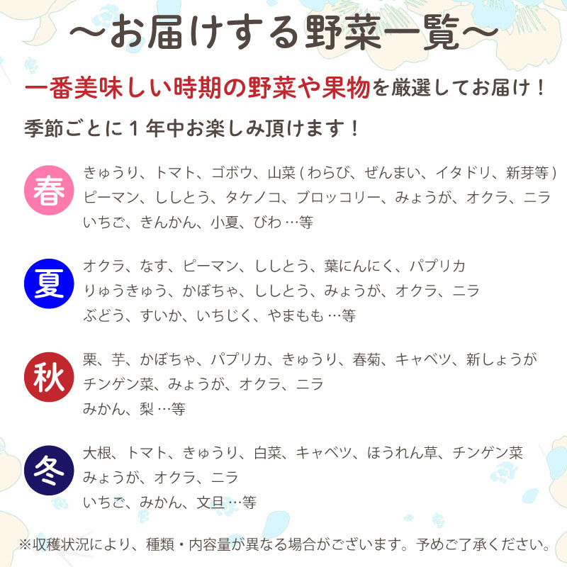 【ふるさと納税】 定期便 年 6回 野菜 旬 セット お楽しみ 約 8品目 やさい セット 旬 春 夏 秋 冬 採れたて 新鮮 農家 直送 詰め合わせ 国産 野菜便 季節 フレッシュ 果物 フルーツ 大根 白菜 ME3000人気 ランキング 食品 お楽しみ バラエティ おすすめ 6ヶ月 健康