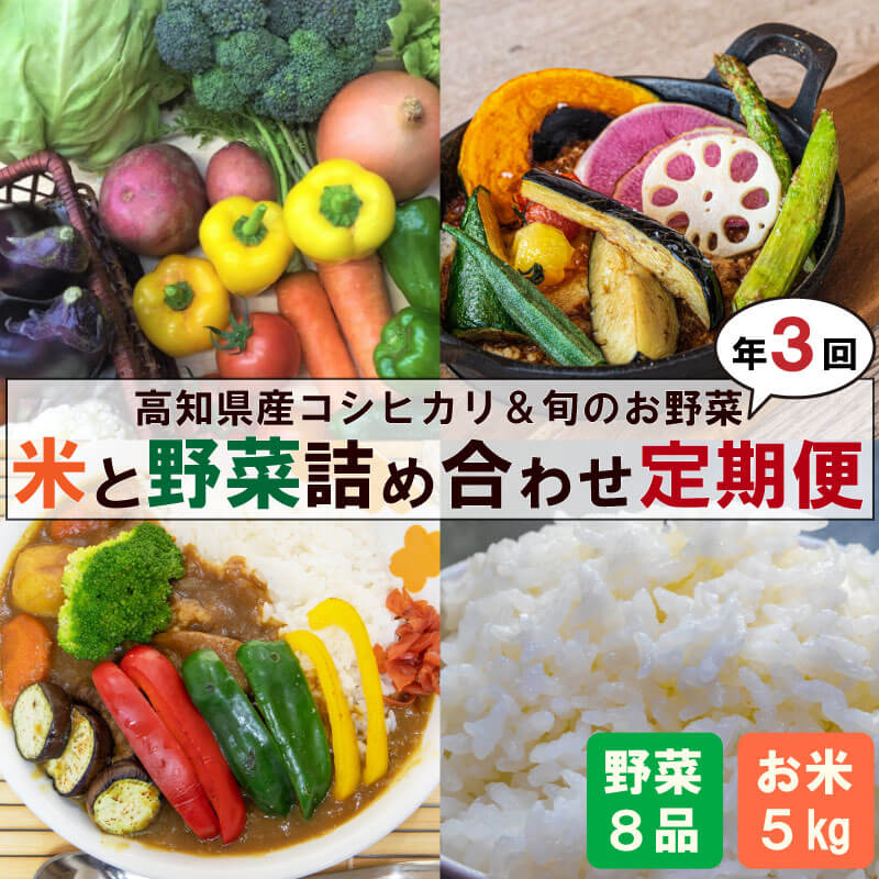 定期便 3回 野菜 8品 米 コシヒカリ 5kg 新鮮 朝採れ野菜 白米 精米 ごはん お米 セット 詰め合わせ 産地直送 高知県 須崎市 NPO2000人気 ランキング 食品 お楽しみ バラエティ おすすめ 3ヶ月