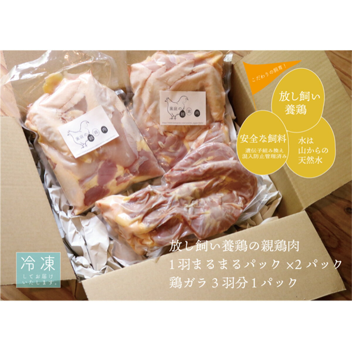 【ふるさと納税】放し飼い養鶏の親鶏肉1羽分まるまるパック×2パック＋鶏ガラ3羽分×1パックのサムネイル