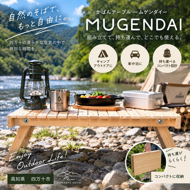 26-955．アウトドアやおうちでも！どこでもサッと使える「かばんテーブルMUGENDAI」 ひのき 折りたたみ 持ち運べる 楽々 簡単 便利 テーブル 家具 インテリア 木製 ヒノキ 桧 アウトドア キャンプ レジャー キャンピングカー 車中泊 釣り 四万十 送料無料