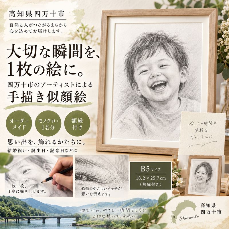 26-290-1．オーダーメイド手描き似顔絵・額縁付き（モノクロ・1名分） イラスト 絵 絵画 アート オリジナル 1点もの オーダー プレゼント ギフト 贈り物 贈答 お祝い事 出産祝い 誕生日 記念 メモリアル セレモニー 高知 四万十 しまんと 送料無料