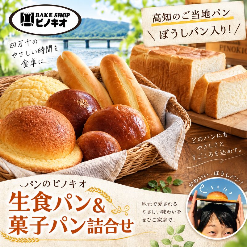39210-095-0007．パンのピノキオ特製 生食パン＆菓子パン詰合せ（高知のご当地パン：ぼうしパン入り） 冷凍 国産小麦 ご当地パン ぼうしパン 生でおいしい 生食パン 菓子パン セット 詰め合わせ 高知 四万十 しまんと お取り寄せ 送料無料