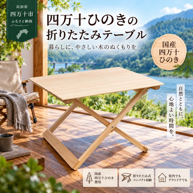 26-257． 国産 四万十ひのき 使用 『ヒノキの折りたたみテーブル』 ふるさと納税 家具 インテリア ひのき ヒノキ 檜 桧 木製 端材 手作り やさしい 手触り テーブル 折りたたみ 高知 四万十 しまんと 送料無料