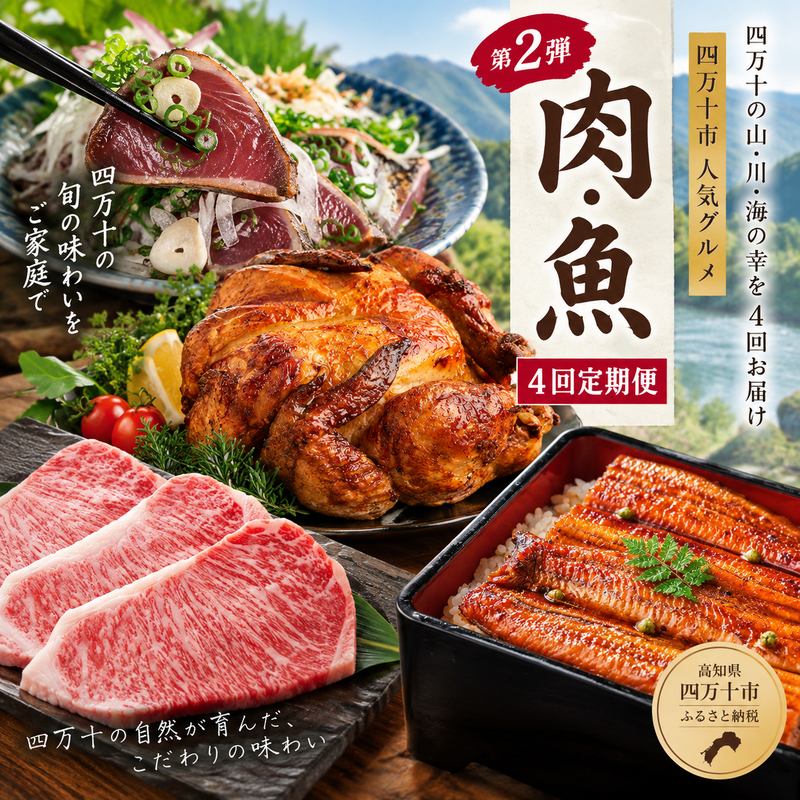 4ヵ月連続 定期便 四万十市 人気 魚介 ＆ お肉 返礼品 第2弾 冷凍 4回 うなぎ 鰻 蒲焼 かつお 鰹 たたき 黒毛和牛 牛肉 肉 サーロイン ステーキ 特選 贅沢 グルメ ごちそう 高知 四万十 しまんと 鶏肉 チキン 送料無料 お取り寄せ R7-846