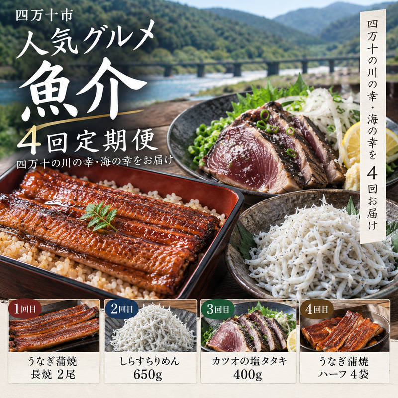 26-411．【4ヵ月連続定期便】四万十市人気魚介返礼品を集めた定期便 お楽しみ 鰹 かつお カツオ 鰻 ウナギ しらす ちりめん 新鮮 冷凍 ふるさと納税 うなぎ 定期便 高知 四万十市 グルメ 産地直送 送料無料