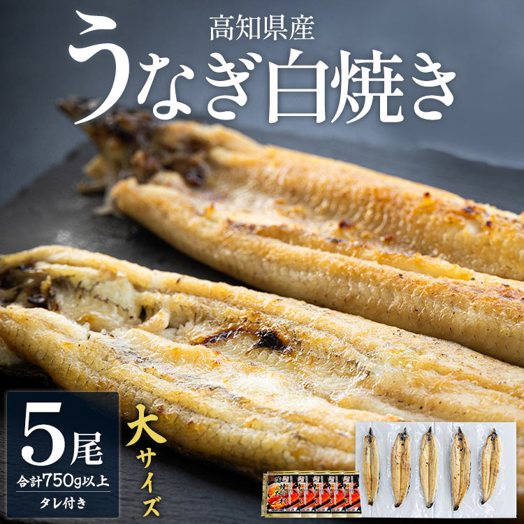 高知県産うなぎの白焼き 大サイズ 5尾(合計750g以上) タレ付き - 送料無料 鰻 ウナギ 晩ご飯 夕飯 おかず 魚 肴 おつまみ 国産 贈答用 贈り物 吉川水産 高知県 香南市[冷凍]yw-0068