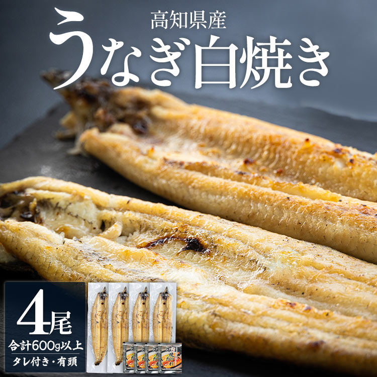 高知県産うなぎの白焼き 4尾 合計600g以上(1尾150〜180g)タレ付き エコ包装 - 鰻 ウナギ 有頭 つまみ ごはんのお供 ご飯 簡易包装 家庭用 老舗 国産 土佐湾 吉川水産 高知県 香南市[冷凍] yw-0059