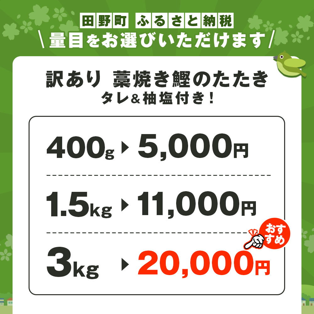 【ふるさと納税】スピード配送 訳あり かつおのたたき 最短1週間以内発送 高知 400g 1.5kg 3kg 冷凍 タレ 柚塩 セット 藁焼き 本場 たたき かつお カツオのタタキ お試し 魚 規格外 不揃い 傷 人気 海鮮 塩たたき 早い すぐ届く 10000円台 5000円ちょうど ランキング 人気 f393037-tano-10000257 高知県田野町 サンプル画像3