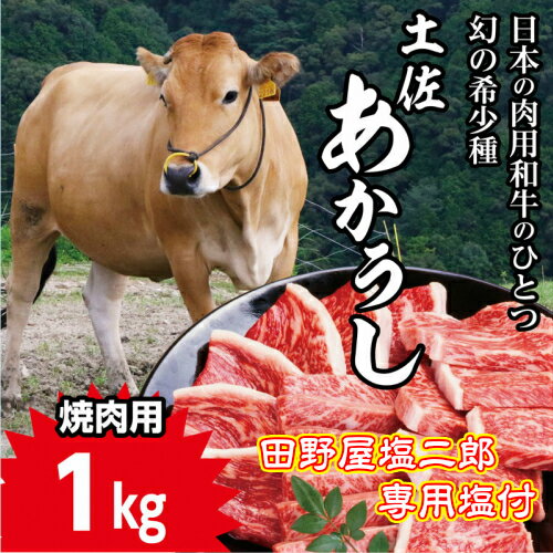 【ふるさと納税】〜四国一小さなまち〜 幻の和牛 土佐あかうし 焼肉用1kg 田野屋塩二郎の肉専用完全天日塩 塩 塩二郎 田野屋 田野屋塩二郎 あか牛 土佐あかうし 肉 にく ニク お肉 国産 高知産…