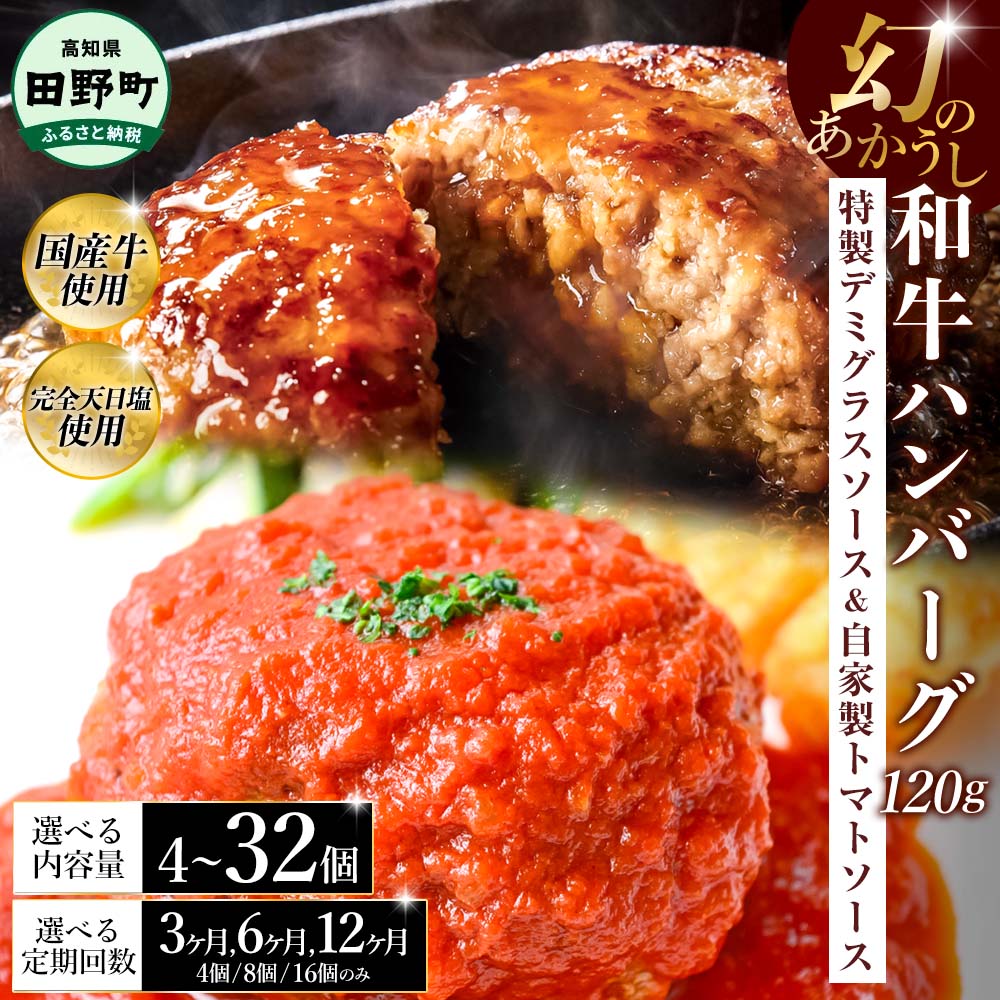 幻のあかうし和牛ハンバーグ 選べる個数・定期便 4~32個 3~12ヶ月 特製デミソース トマトソース付き 田野屋青蜂 白鯆 完全天日塩練り込み 肉 お肉 国産牛 おかず おいしい お取り寄せ 冷凍 配送 高知県 田野町 ふるさとのうぜい 故郷納税 返礼品