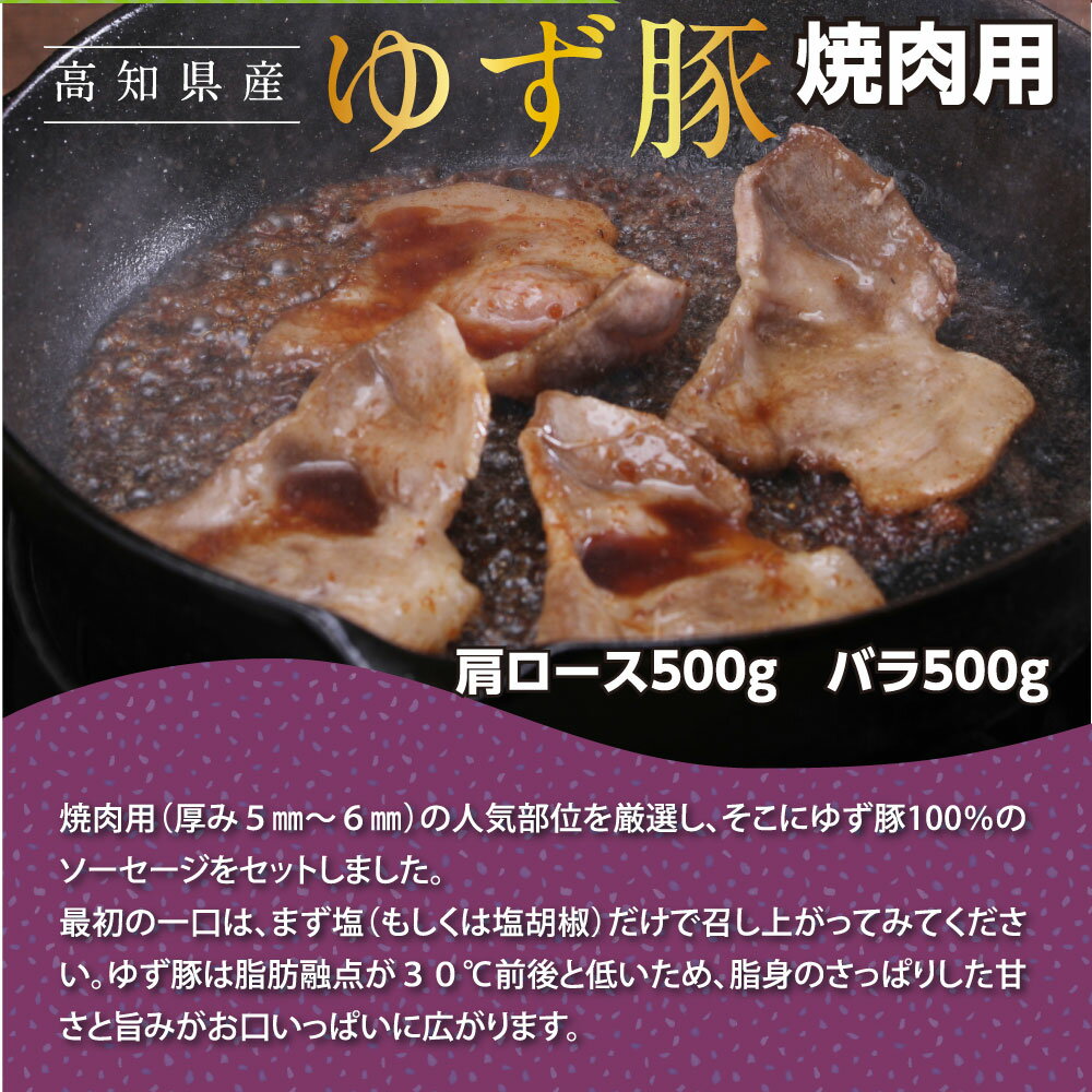 【ふるさと納税】【高知のブランド豚/ゆず豚】厳選部位の焼肉セット（約1.4kg）焼肉用 肩ロース500g バラ500g ソーセージ5本入り×2P 小分け BBQ やきにく 焼き肉 ソーセージ 豚肉 国産 詰め合わせ セット 化粧箱入り ギフト・熨斗対応可 贈答 故郷納税 返礼品 24000円