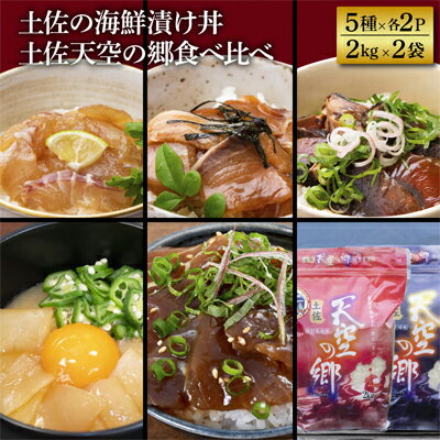 【本山町×土佐市コラボ返礼品】土佐の海鮮漬け丼（5種×各2P）＋土佐天空の郷食べ比べセット（2kg×2）セット　【 米 魚貝類 加工食品 新鮮 切り身 特製タレ マグロ ブリ 】