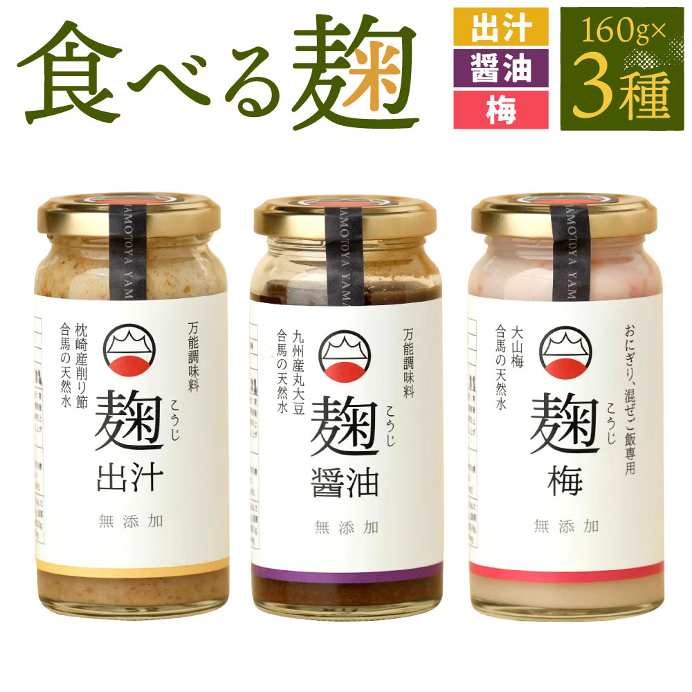 食べる麹 3本 セット 1本160g 完全 無添加 出汁麹/醤油麹/梅麹 3種類 食べ比べ こうじ 米麹 合馬の天然水 塩気 旨味 手仕込み うめ しょう油 伝統色 味変 トッピング 調味料 国産 九州 福岡県 送料無料