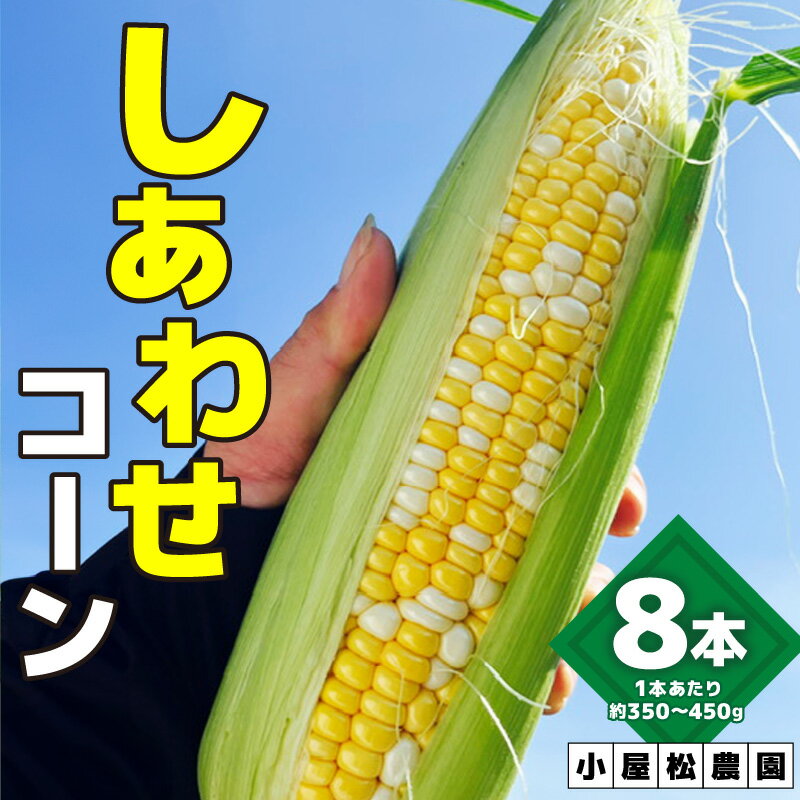 返礼品説明 名称 【ふるさと納税】しあわせコーン(バイカラー種)8本入 内容量 8本入(1本あたり約350～450g) アレルギー 特定原材料7品目は使用していません 特定原材料に準ずる21品目は使用していません 配送温度帯 冷蔵 消費期限 発送日含め3〜4日 ※収穫後すぐから鮮度が落ちますので、到着後すぐにお召し上がりにならない場合は茹でて冷凍保存がおすすめです。 説明 黄色と白のミックス、バイカラー種のとうもろこしです。 平均糖度17度越え、最高糖度21度越えを記録!! 福岡県久留米市で寒い時期から種をまき、寒暖差のある気候を利用しながら、1本1本心を込めて栽培した当農園のスイートコーンは、当農園の自信のあるお野菜の一つです。 注意事項 ※返礼品の配送に関して日付指定はお受けできませんのでご注意ください。 ※農産物の為収穫可能な期間が決まっております。ご注文日によっては発送まで半年お待たせすることもございますのでご注意ください。 ※収穫時期(5月下旬～6月中旬頃)になってから随時発送となります。 ※天候により多少前後する可能性もございます。 ※鮮度が落ちやすいため、到着後はお早めにお召し上がりください。 地場産品基準 1号：区域内において生産されているため 提供事業者 小屋松農園 ・寄附申込みのキャンセル、返礼品の変更・返品はできません。あらかじめご了承ください。・ふるさと納税よくある質問はこちら【ふるさと納税】しあわせコーン(バイカラー種)8本入