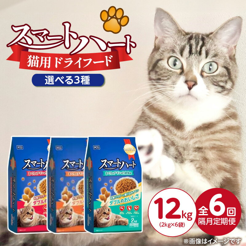 定期便 隔月 全6回 スマートハート 猫用 ドライフード 2kg × 6袋 計 12kg × 6回 選べる 3種 まぐろ チキン サーモン味 小魚味 白身魚味 オールステージ用 総合栄養食 健康 サポート キャットフード 福岡県 久留米市