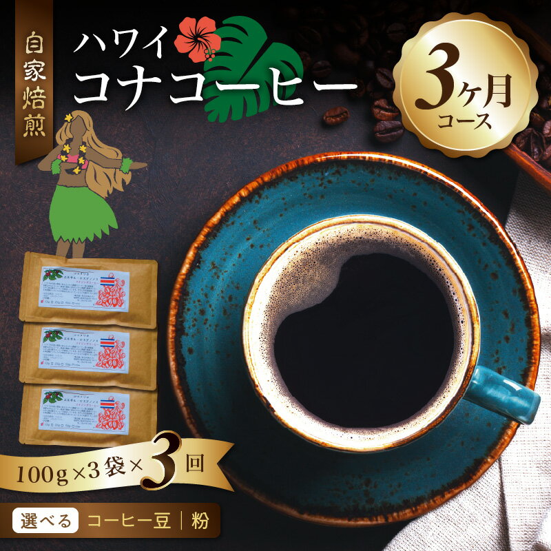 定期便 コーヒー 豆 粉 300g 焙煎 コナコーヒー ハワイ 3ヶ月 100g × 3回 送料無料