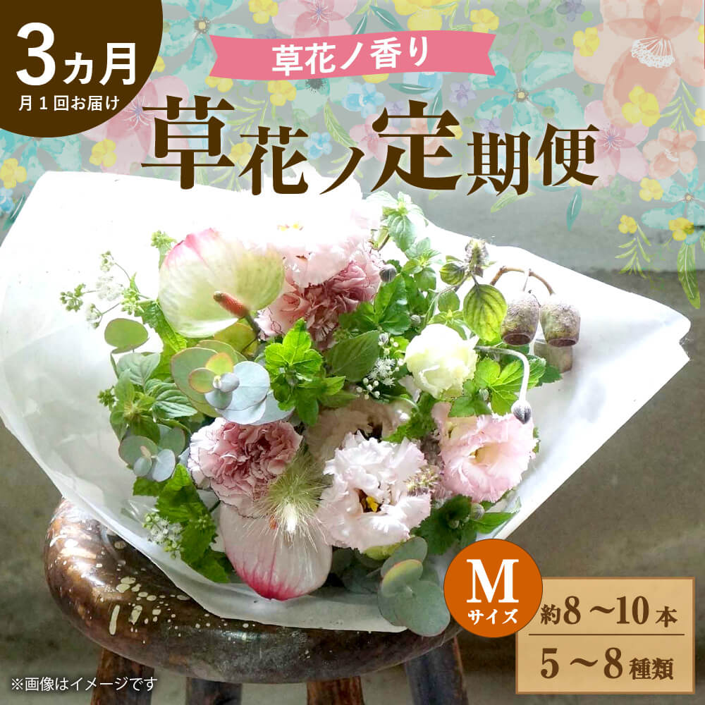 【ふるさと納税】草花ノ定期便 Mサイズ 3ヵ月 月に1回 全3回 定期便 5〜8種類 約8～10本 季節の草花 花 アレンジメント 旬 草花 フラワー 詰め合わせ 草花ノ香り 国産 福岡県 直方市 送料無料 8月発送不可