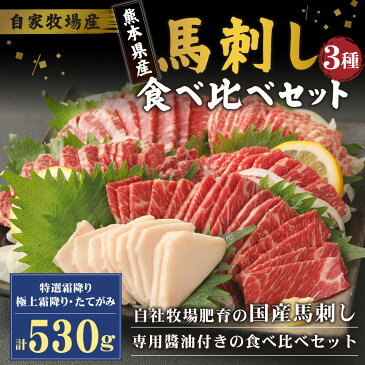 【ふるさと納税】自家牧場産 馬刺し 3種 食べ比べセット 特選霜降り 極上霜降り たてがみ 計530g 専用醤油付き セット 馬刺し ブロック 肉 馬 馬肉 霜降り 醤油 食べ比べ 九州産 国産 冷凍 送料無料