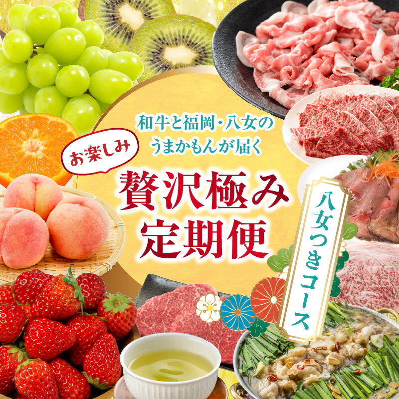 【ふるさと納税】和牛と福岡・八女のうまかもんが届く　お楽しみ贅沢極み定期便【全12回】〜八女つきコース〜｜＜配送不可：北海道・沖縄・離島＞ 八女茶 もつ鍋 フルーツ 桃 シャインマスカット キウイ みかん 牛肉