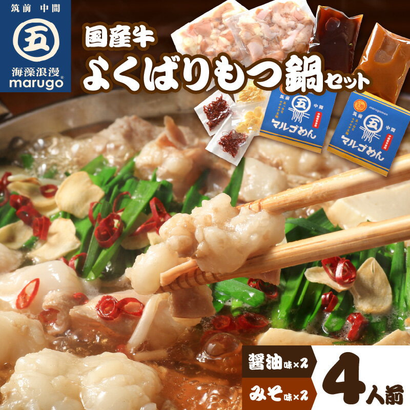 国産牛よくばりもつ鍋セット 醤油味2人前&みそ味2人前(計4人前)〆はマルゴめん 中間新名物の米粉麺 モツ 鍋 セット 国産 しょうゆ みそ 麺付き 送料無料[001-0043]