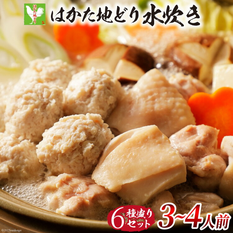 はかた地どり 水炊きセット 鶏肉3種 スープ ぽん酢 麺 計6種 3〜4人前 [MEAT PLUS 福岡県 筑紫野市 21760710] 水炊き セット 鶏 鶏肉 とり肉 鶏団子 福岡 博多 国産