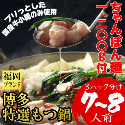 ちゃんぽん麺1200g付博多特選もつ鍋7〜8人前(プリプリの国産牛小腸のみ使用)(3パック小分け) [配送不可地域:離島]