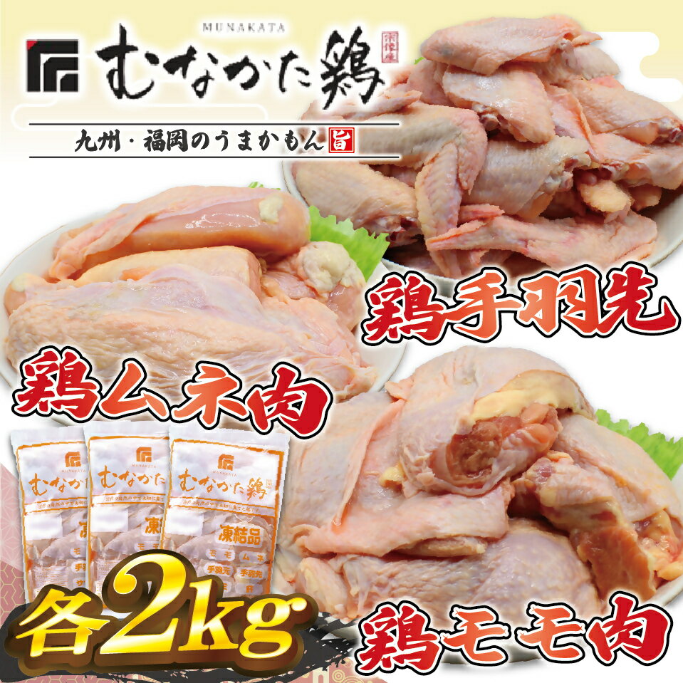 宗像産ブランド鶏[むなかた鶏]食べ比べセット(モモ肉、ムネ肉、手羽先各2kg)(平飼い)[JAほたるの里]_HA1424 送料無料