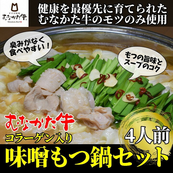 【ふるさと納税】むなかた牛コラーゲン入り味噌もつ鍋セット（2人前×2）牧場直送【すすき牧場】_HA1457　送料無料 福岡県 宗像市 からだにやさしい 牛 ホルモン鍋 もつ鍋 白モツ クセが無い 味噌 ラーメン 細麺 白味噌 にんにく 4人前
