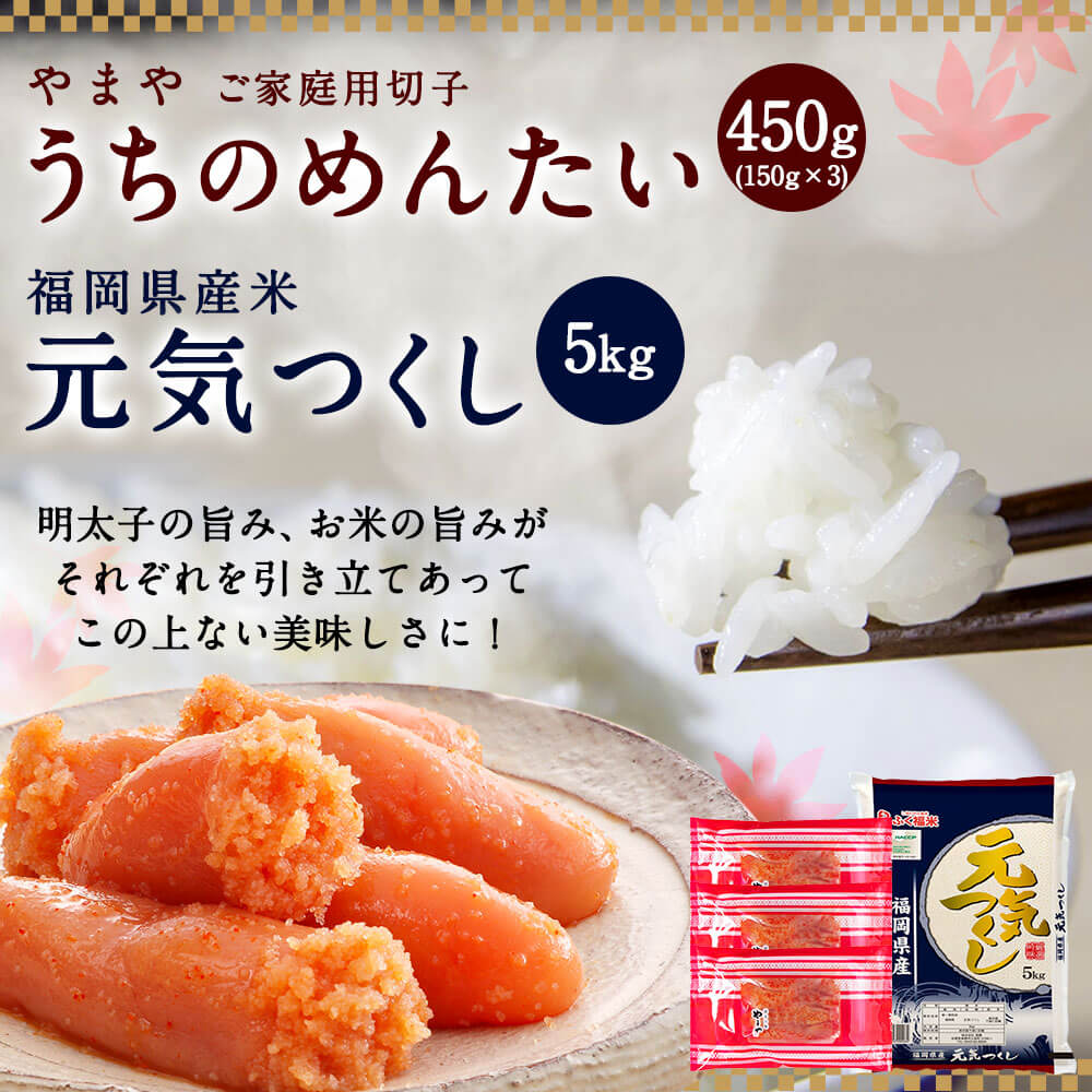 【ふるさと納税】やまやの訳あり明太切子 450g (150g×3)と 元気つくし 5kg のセット やまや 訳あり うちのめんたい 辛子明太子 明太子 切れ子 令和5年産 お米 精米 ご飯 白米 福岡 博多直送 おつまみ お取り寄せ 冷蔵 送料無料