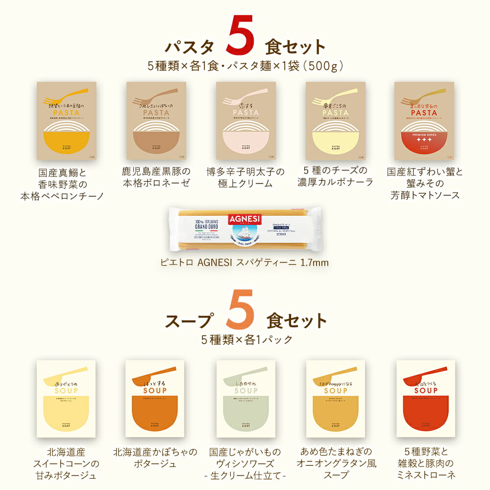 【ふるさと納税】ピエトロ パスタ＆スープ 10食セット 10種類×各1袋 パスタ麺付き 10食分 スパゲッティ パスタソース 詰め合わせ 食べ比べ レトルト ペペロンチーノ ボロネーゼ クリームソース スープ 長期保存 ピエトロ 送料無料