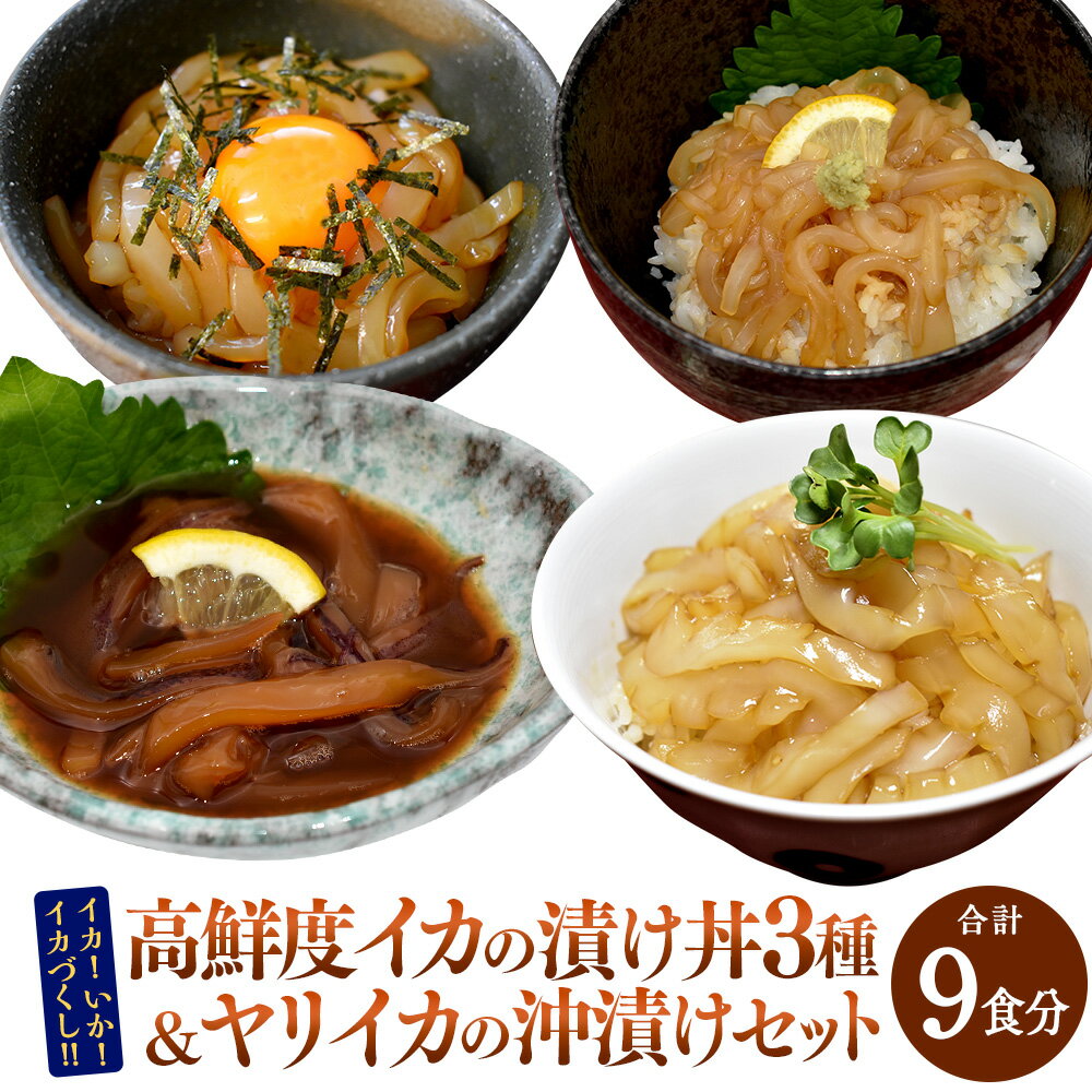 【ふるさと納税】イカ！いか！イカづくし！！高鮮度イカの漬け丼 3種 食べ比べ 各3食にヤリイカの沖漬けもセットにしてお届け！！ 計9食 ヤリイカ アオリイカ コウイカ イカ いか 漬け丼 沖漬け おつまみ ご飯のお供 お取り寄せ グルメ 冷凍 福岡県 福津市 送料無料 [F0090]