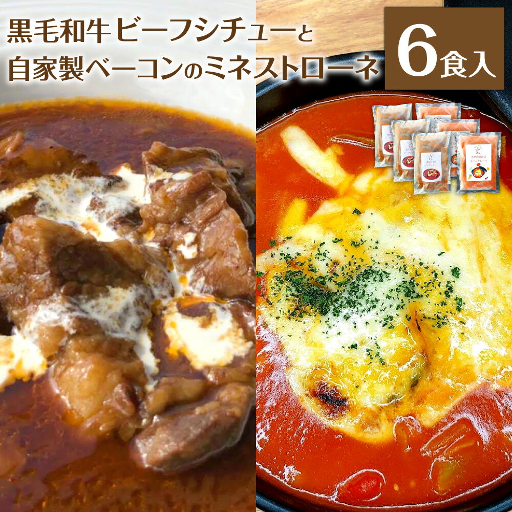 シェフ自慢の黒毛和牛のビーフシチューと自家製ベーコンのミネストローネ計6食 各3食×2種類 スープ レトルト 湯煎調理 本格 レストランの味 特製デミグラスソース 黒毛和牛 シチュー レトルト冷凍 送料無料 [F4482]