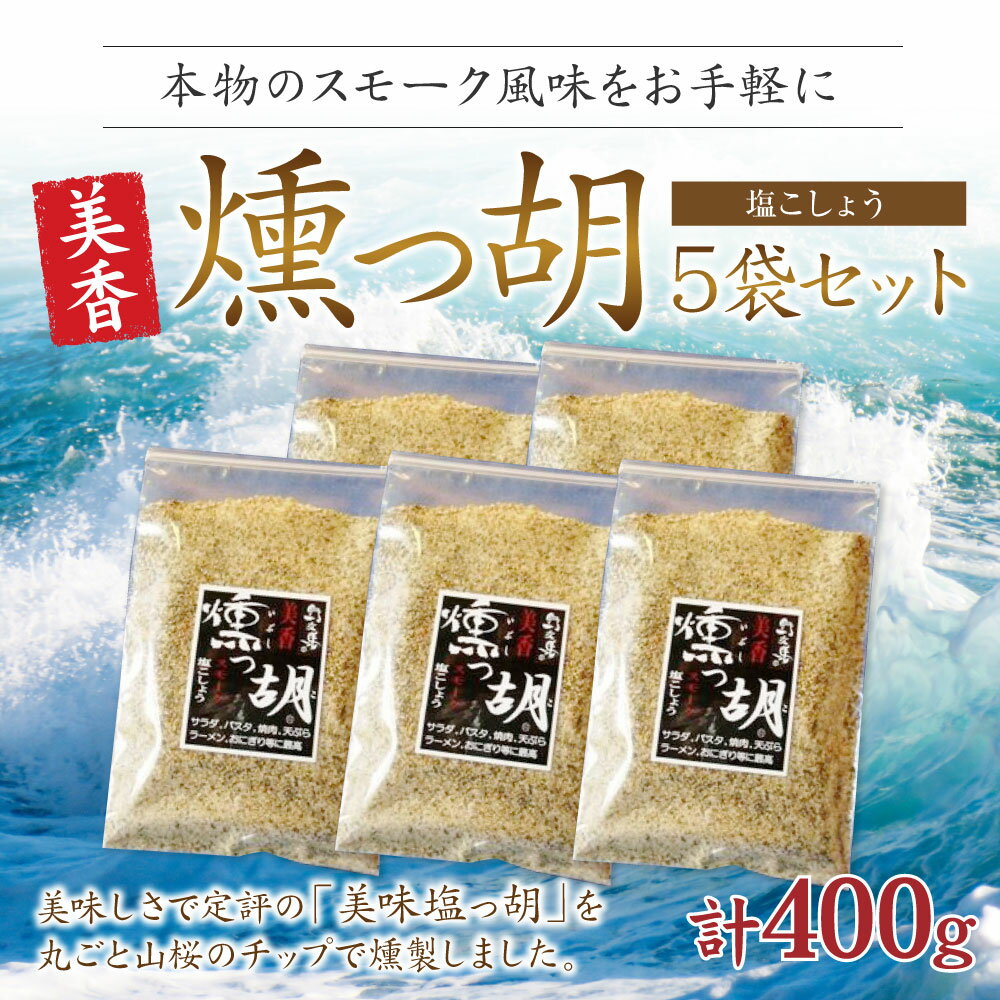 【ふるさと納税】塩工房野次馬 本物のスモーク風味 美香燻っ胡 5袋 約400g 袋入り 塩 食塩 塩こしょう 塩胡椒 ガーリック スモーク風味 燻製 黒胡椒 調味料 送料無料 [F2039]