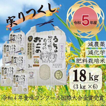 米 ご飯 精米 白米 実りつくし 合計18kg 3kg×6袋 令和5年産「令和4年 米・食味コンクール国際大会金賞」米 白米 精米 米 お米 九州産 福岡県宮若産 国産 送料無料 M195