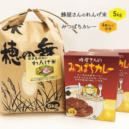 米 レトルト カレー セット れんげ米 5kg オリジナルみつばちカレーセット 200g×4 お米 こめ コメ 藤井養蜂場　【朝倉市】