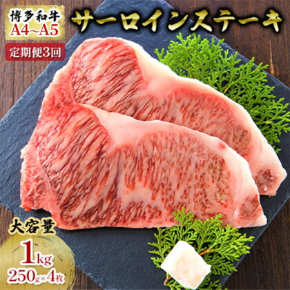 【4月から順次発送】定期便 3ヶ月 牛肉 サーロイン ステーキ 合計1000g 博多和牛 A4～A5（250g×4枚）セット 3回 配送不可：離島　【定期便・朝倉市】