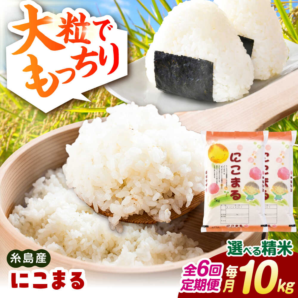 米 白米 玄米 お米 精米 10kg 分つき にこまる米 にこまる ご飯 ごはん 分搗き 米定期便 もっちり 大粒 冷めても美味しい おにぎり お弁当 専門店 選べる精米 分づき米 産地直送大粒のしっかり食感、もっちりとした粘りと甘味のお米！ のしにも対応していますので贈り物にもおすすめです。 こちらもおすすめです！ 【精米方法が選べる！】ミルキークイーン 5kg (1袋) ミルキークイーン 2合 ×10袋(計3kg) 小分け袋 お届け回数違いはこちら！ 単品（1回） 全3回定期便 全9回定期便 【新飼宗一郎商店】のお礼の品を もっと見る 商品説明 名称【全6回定期便】【精米方法が選べる！】にこまる 10kg（5kg×2袋） 糸島市 / 玄米・精米専門店 新飼宗一郎商店 内容量以下の内容を全6回お届けします。 10kg（5kg×2袋） ・玄米 ・7分 ・5分 ・3分 ・白米 以上の中からお好みの状態をお選びください。 原料原産地福岡県糸島市 賞味期限30日間 ※保存には高温多湿、日の当たる場所を避けて保存ください。 アレルギー表示含んでいる品目：無し 配送方法常温 配送期日＜初回は1週間以内に発送＞ 2回目以降は初回お届けから約1ヶ月毎にお送りします。 提供事業者井尻食糧販売企業組合 米 白米 玄米 お米 精米 10kg 分つき にこまる米 にこまる ご飯 ごはん 分搗き 米定期便 もっちり 大粒 冷めても美味しい おにぎり お弁当 専門店 選べる精米 分づき米 産地直送